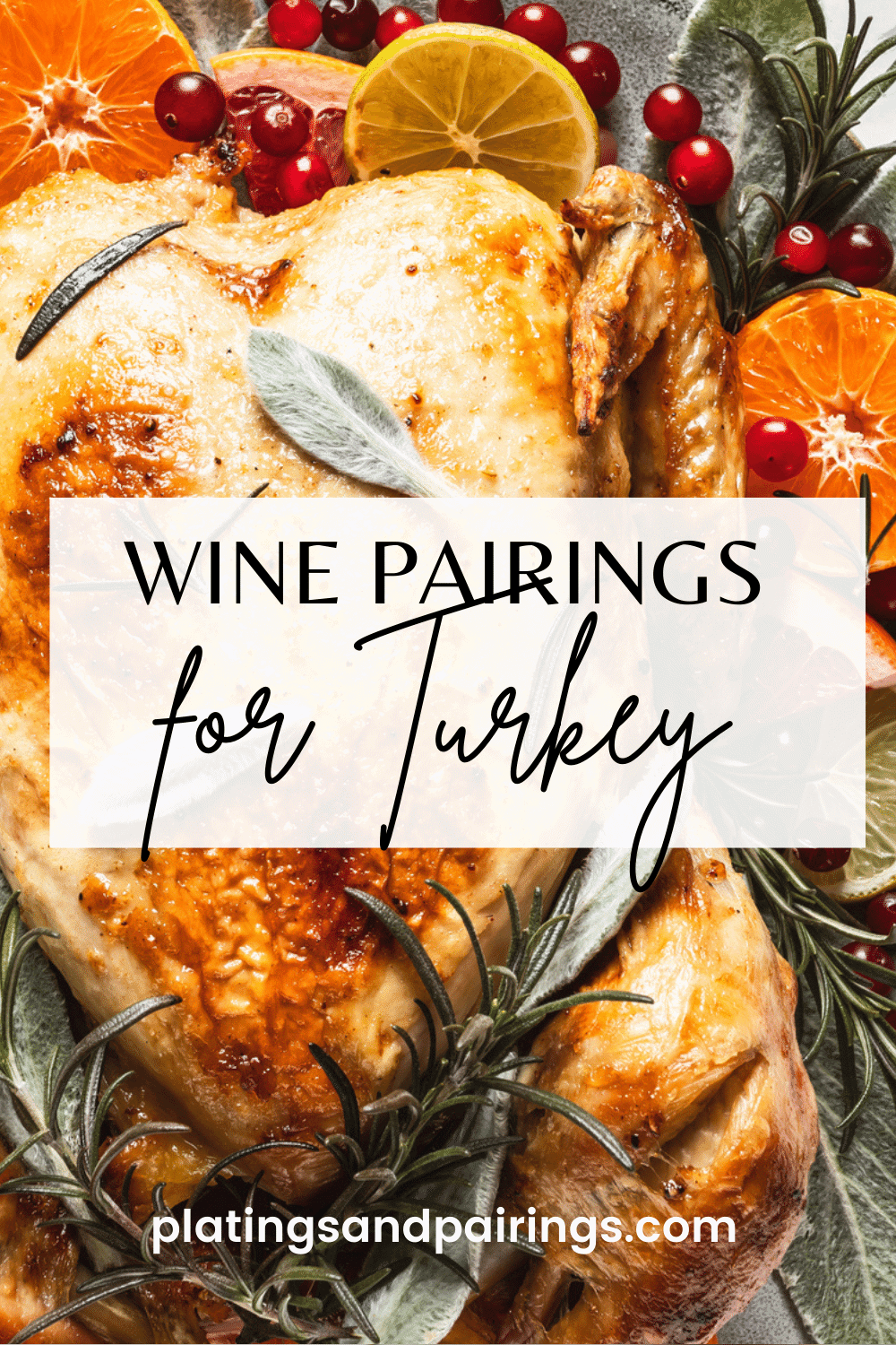 Picture of turkey with text overlay - wine pairings for turkey.