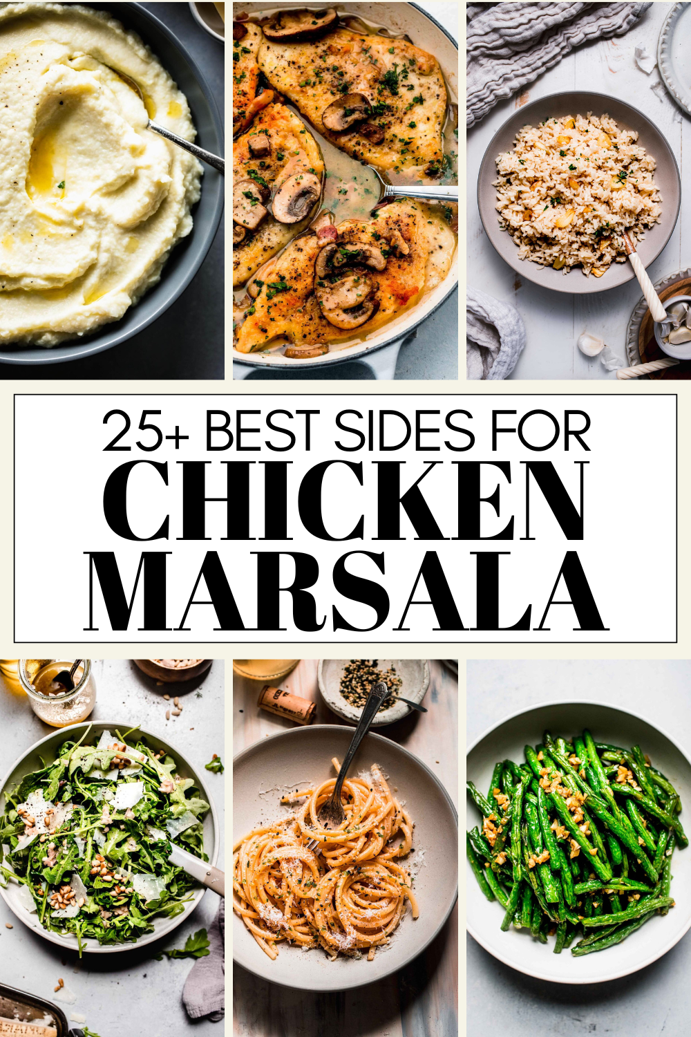 Collage of sides for chicken marsala with text overlay.