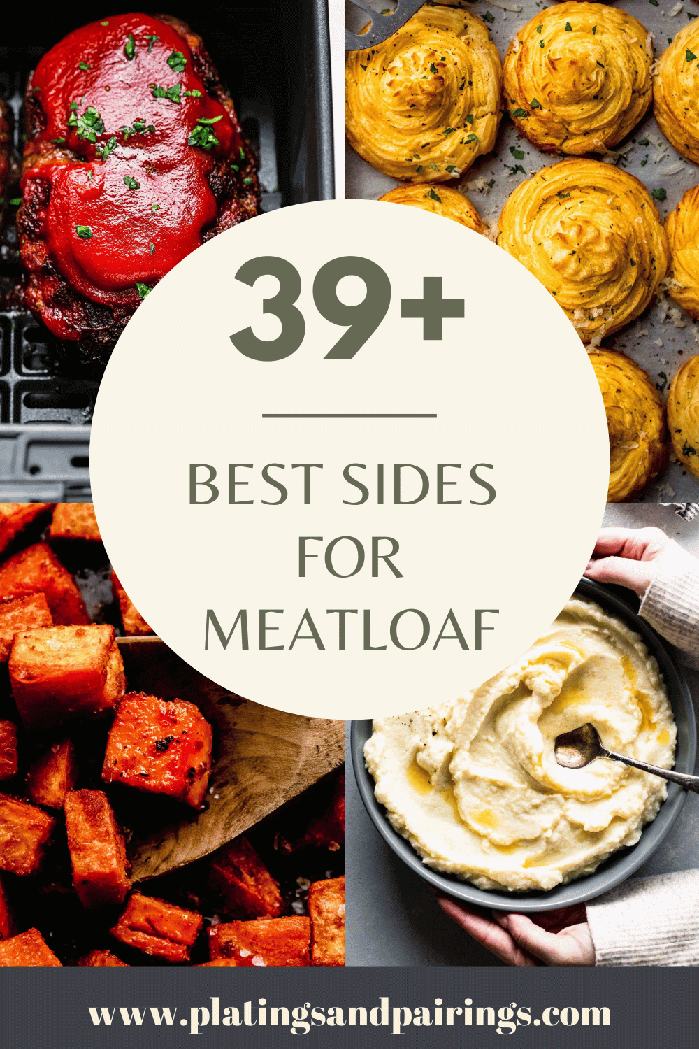 Collage of sides for meatloaf with text overlay.