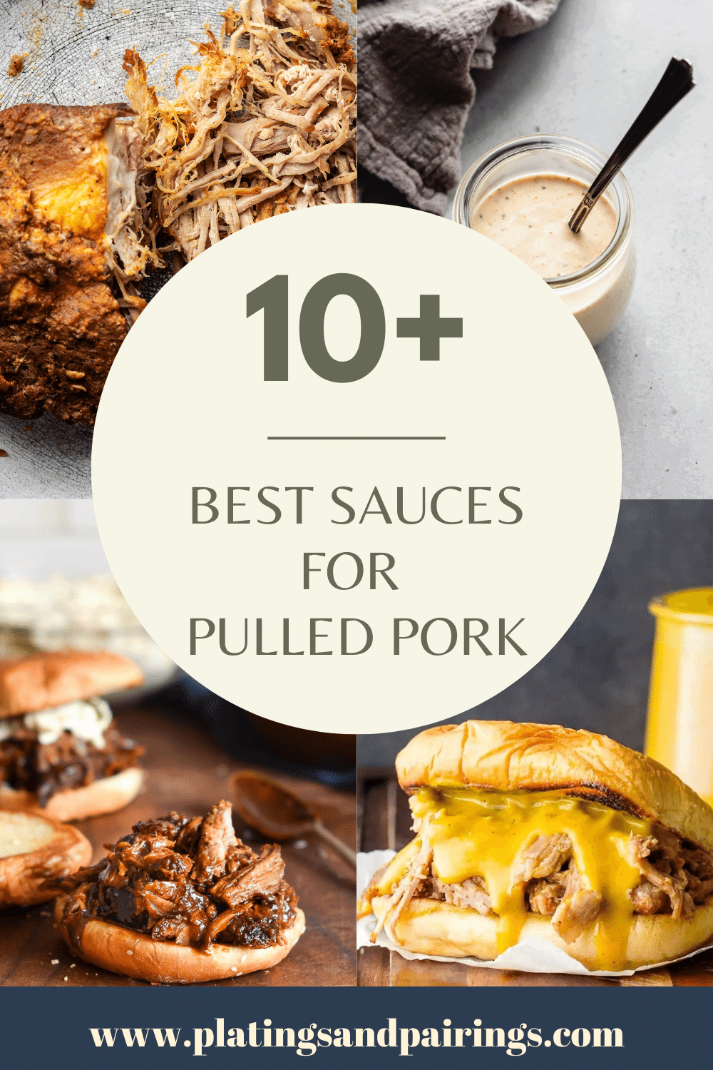 Collage of pulled pork sauces and sandwiches with text overlay - best sauces for pulled pork.