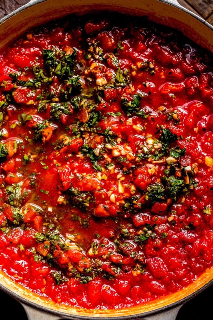 Overhead closeup of diavolo suace in skillet.