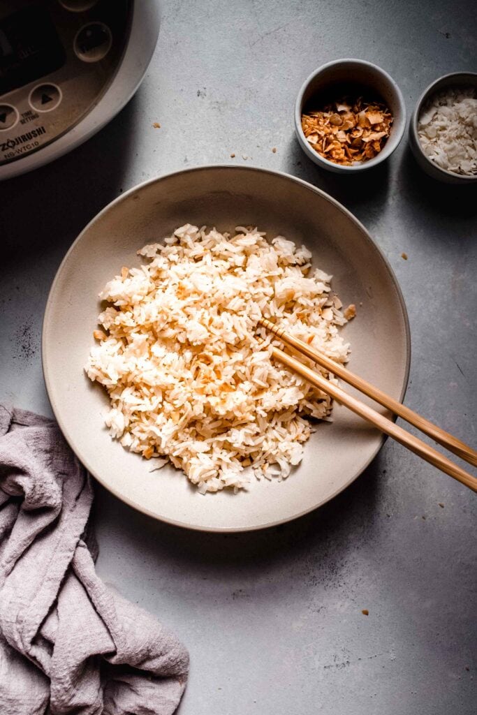 Fluffed bowl of coconut rice. 