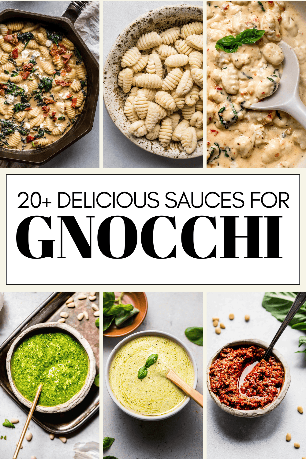 Collage of gnocchi dishes with text overlay - best sauces for gnocchi.