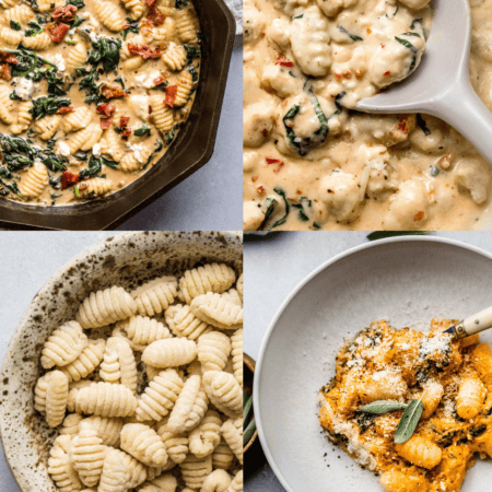 Collage of gnocchi dishes.