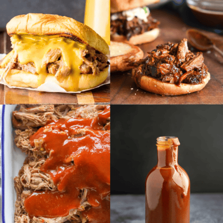 Collage of pulled pork sauces and sandwiches.