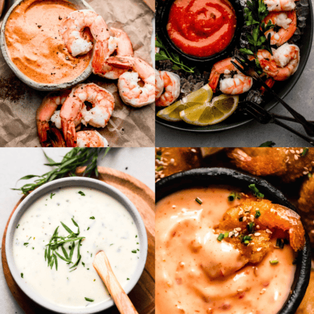 Collage of dipping sauces for shrimp.