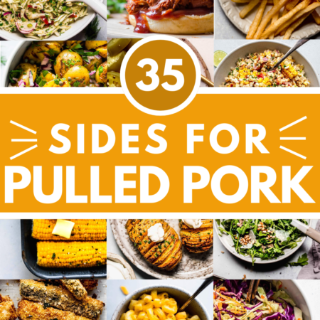 Collage of sides for pulled pork with text overlay.
