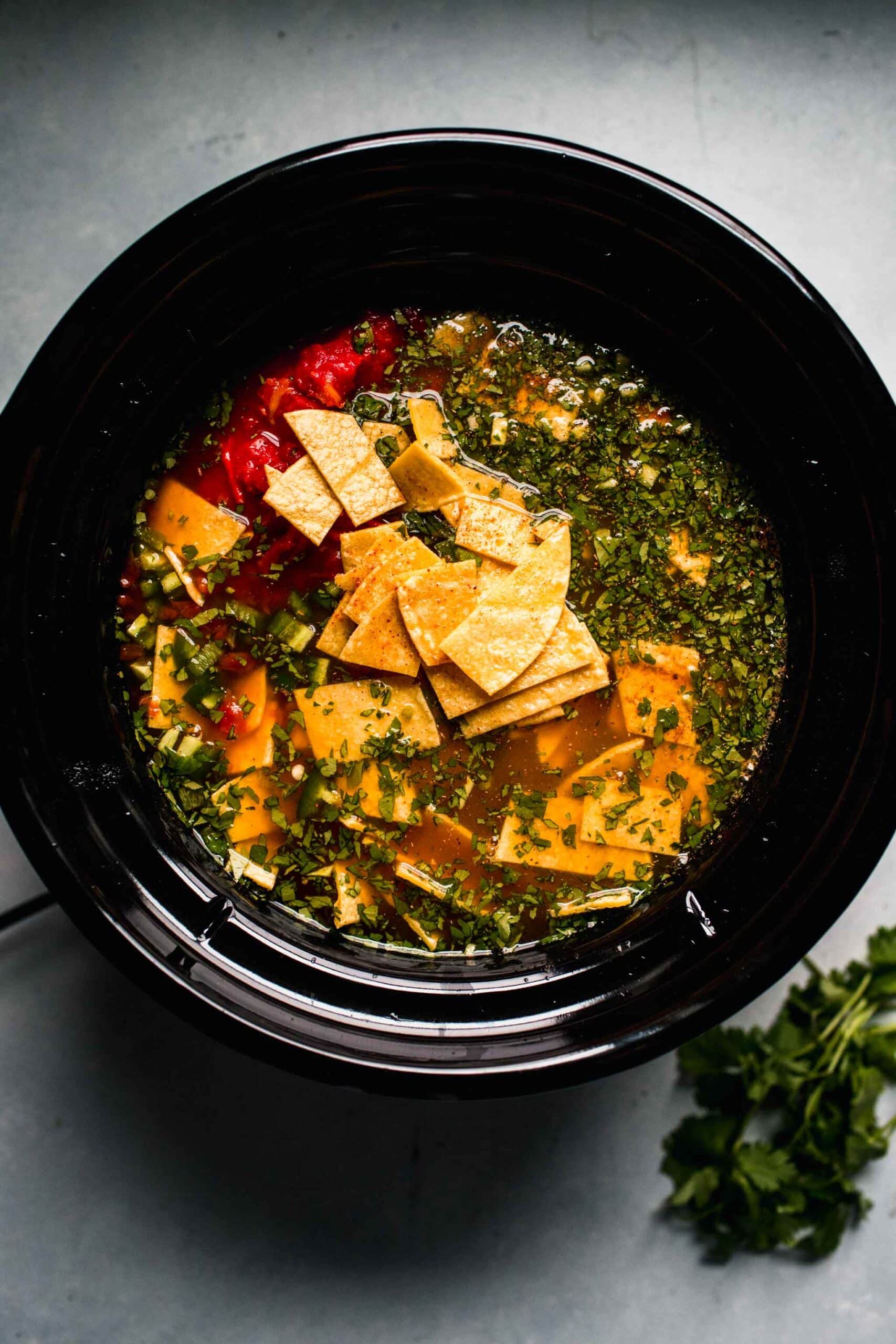 Chicken tortilla soup ingredients in slow cooker. 