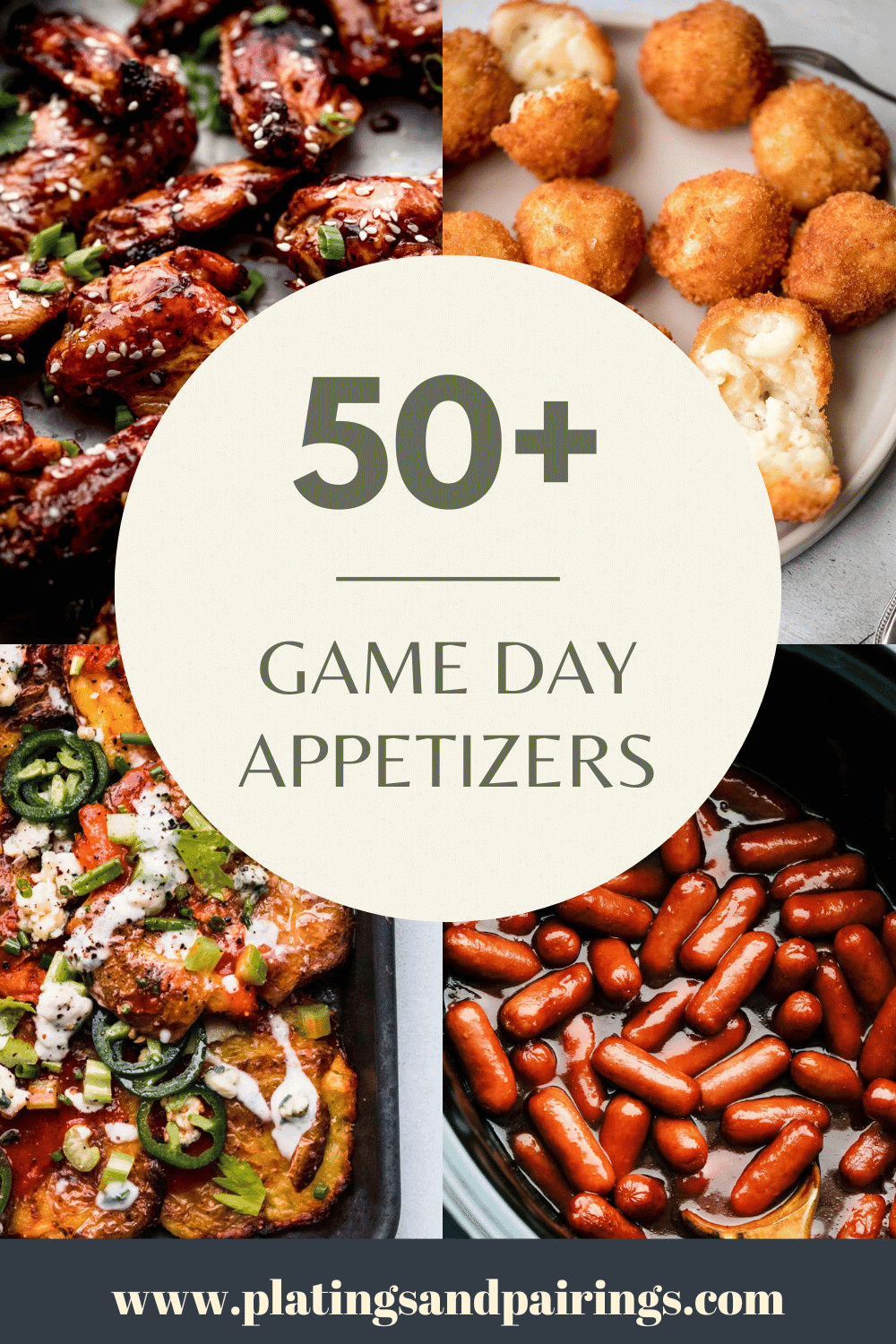 Collage of game day appetizers with text overlay.