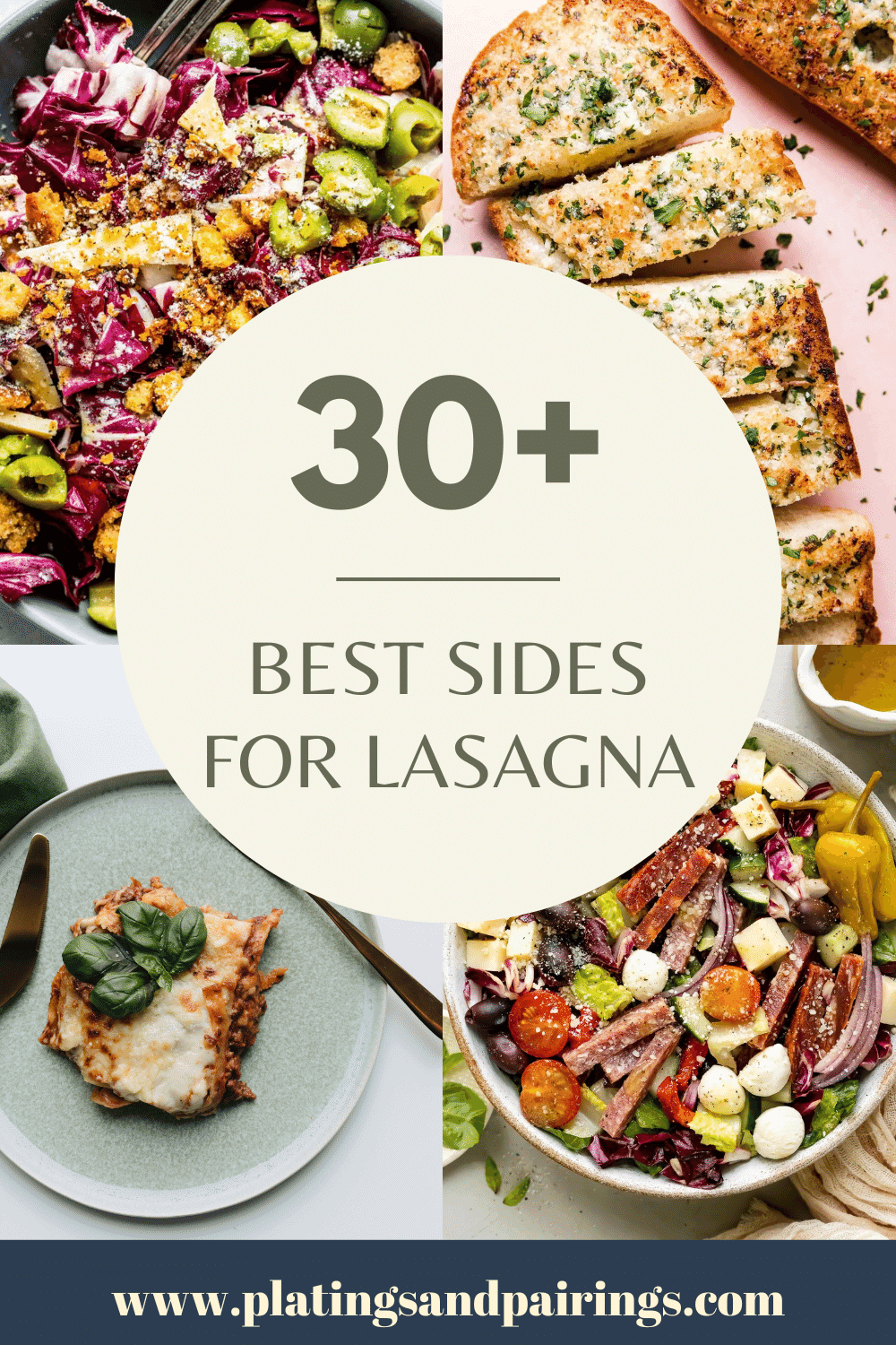 collage of side dishes for lasagna with text overlay - best sides for lasagna.