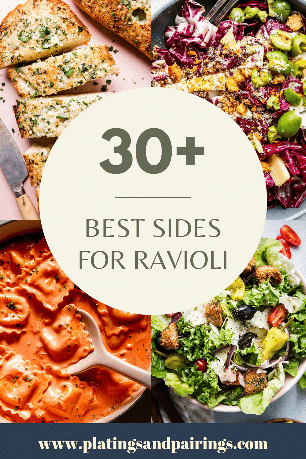 Collage of ravioli side dishes with text overlay - what to serve with ravioli.