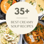 COLLAGE OF CREAMY SOUP RECIPES WITH TEXT OVERLAY.