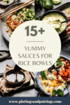 collage of sauces for rice bowls with text overlay.