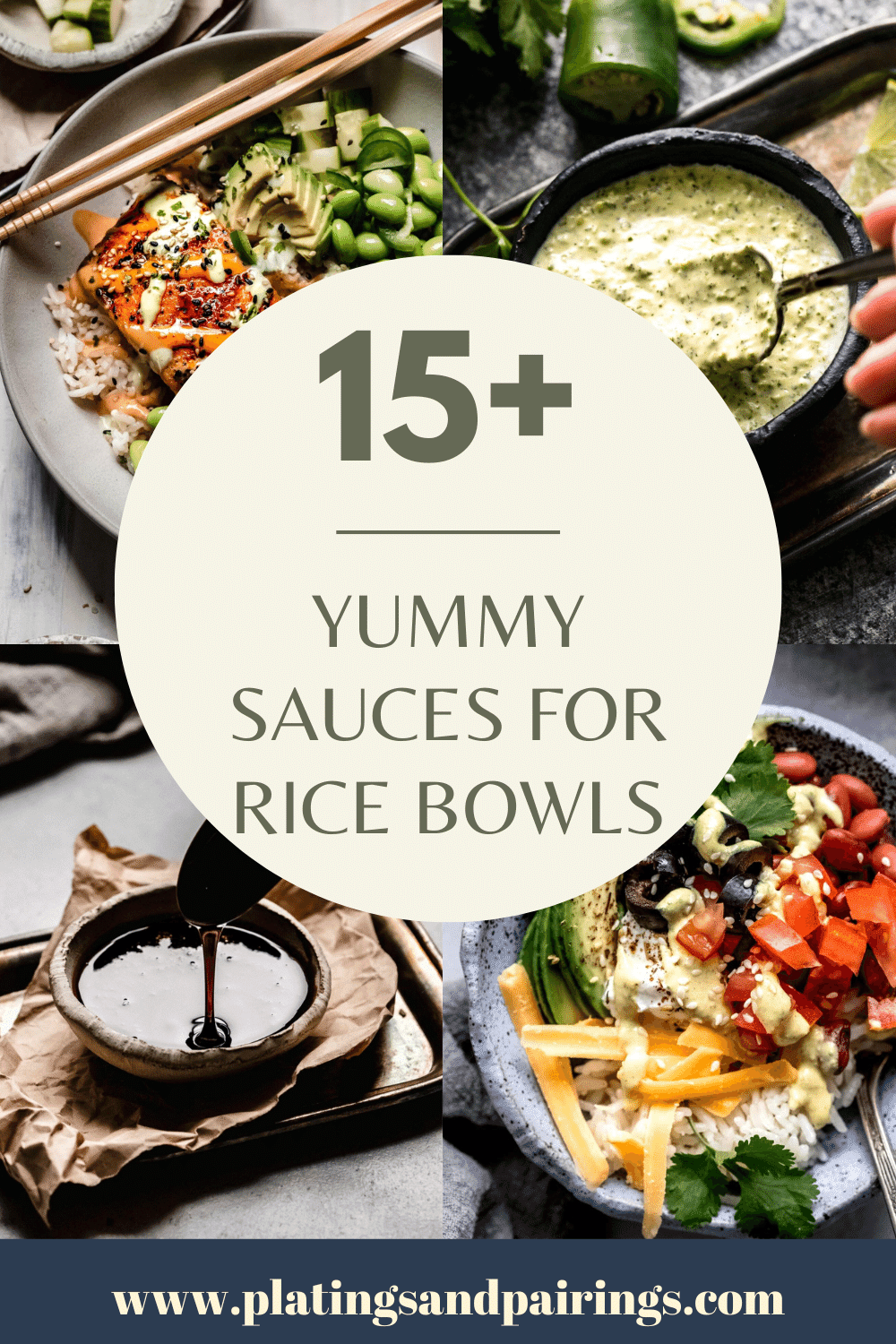 collage of sauces for rice bowls with text overlay.