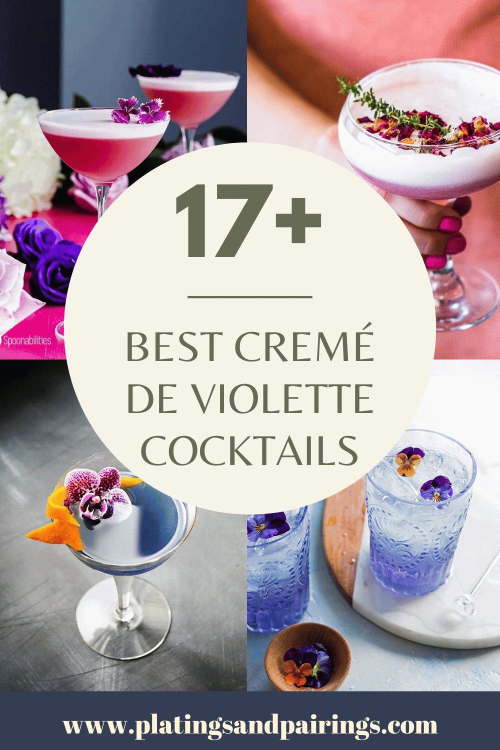 Collage of creme de violette cocktails with text overlay.