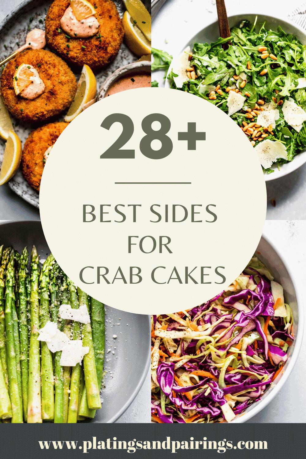 Collage of side dishes for crab cakes with text overlay - what to serve with crab cakes.