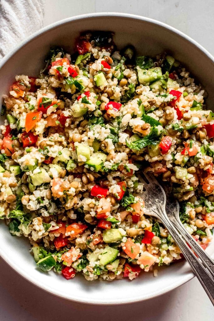 Overhead close up of quinoa salad in bowl.