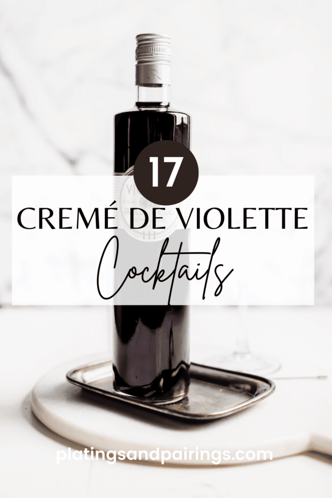 Bottle of creme de violette with text overlay. 
