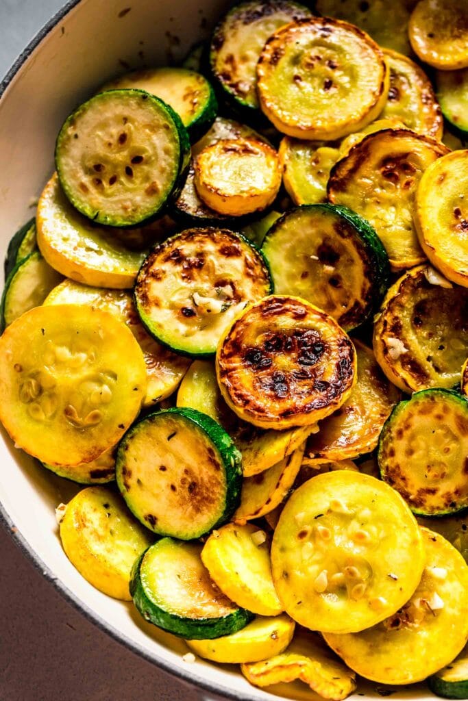 Browned squash in skillet. 