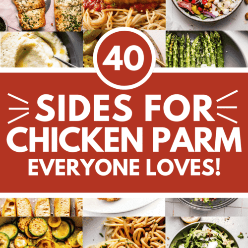 Collage of sides for chicken parmesan with text overlay.