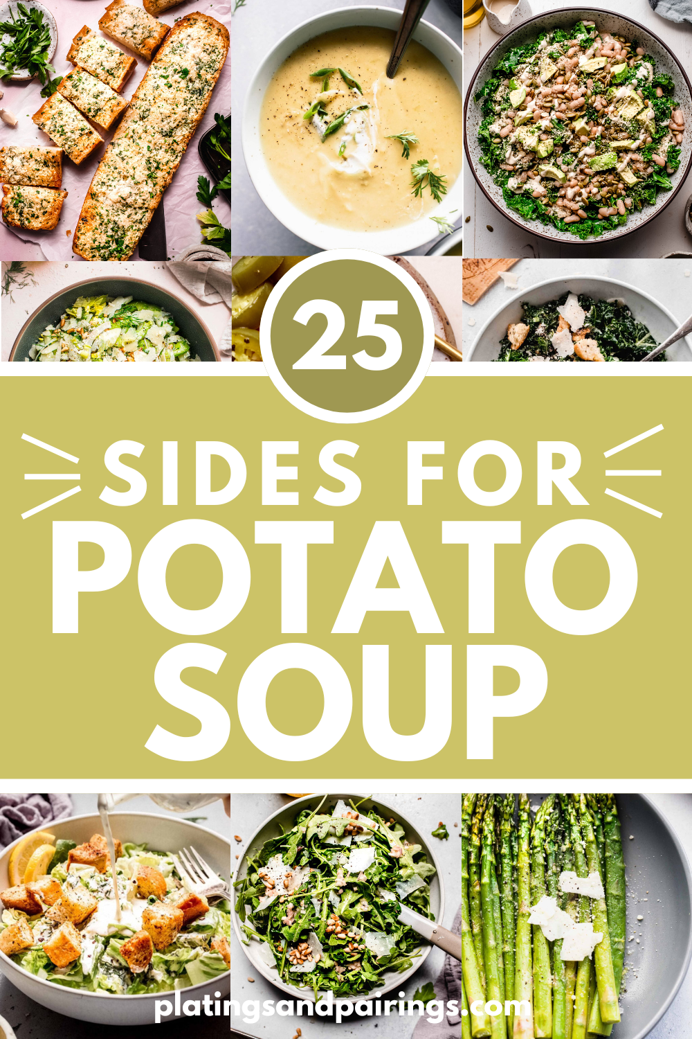 Collage of sides for potato soup with text overlay - what to serve with potato soup.