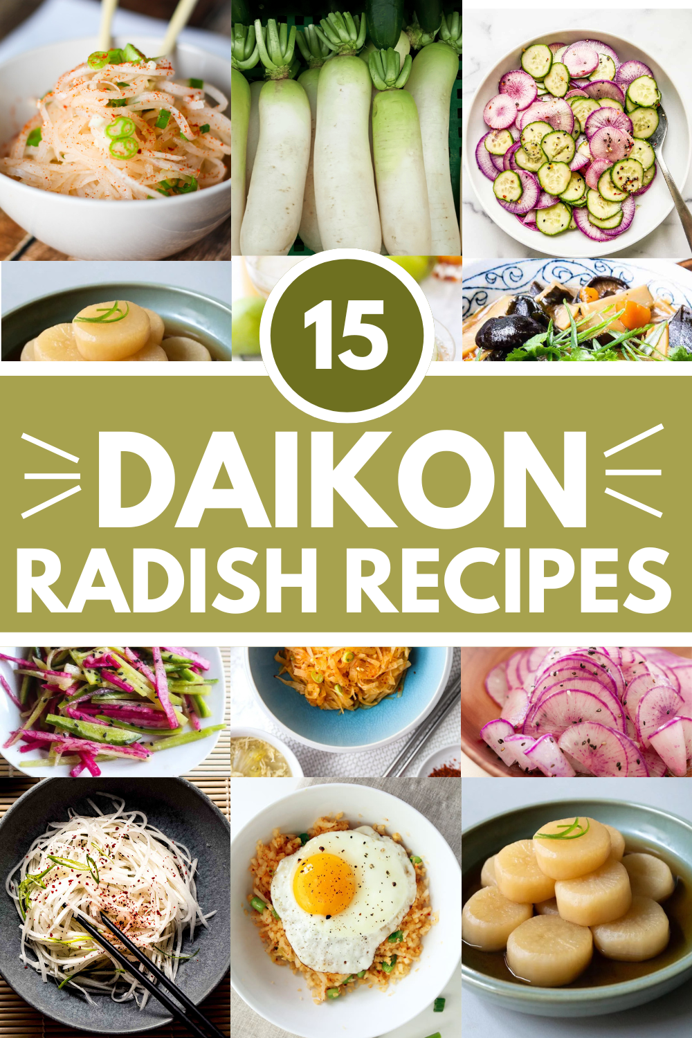 Collage of daikon radish recipes with text overlay.