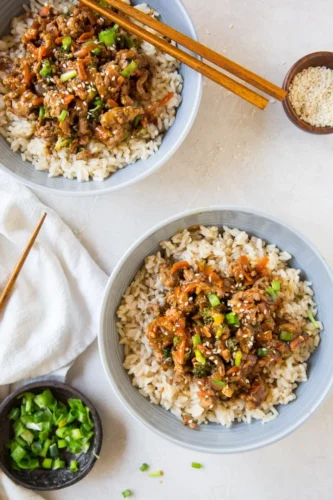 Ground turkey teriyaki rice bowls.