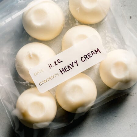Frozen heavy cream in labeled ziploc bag.