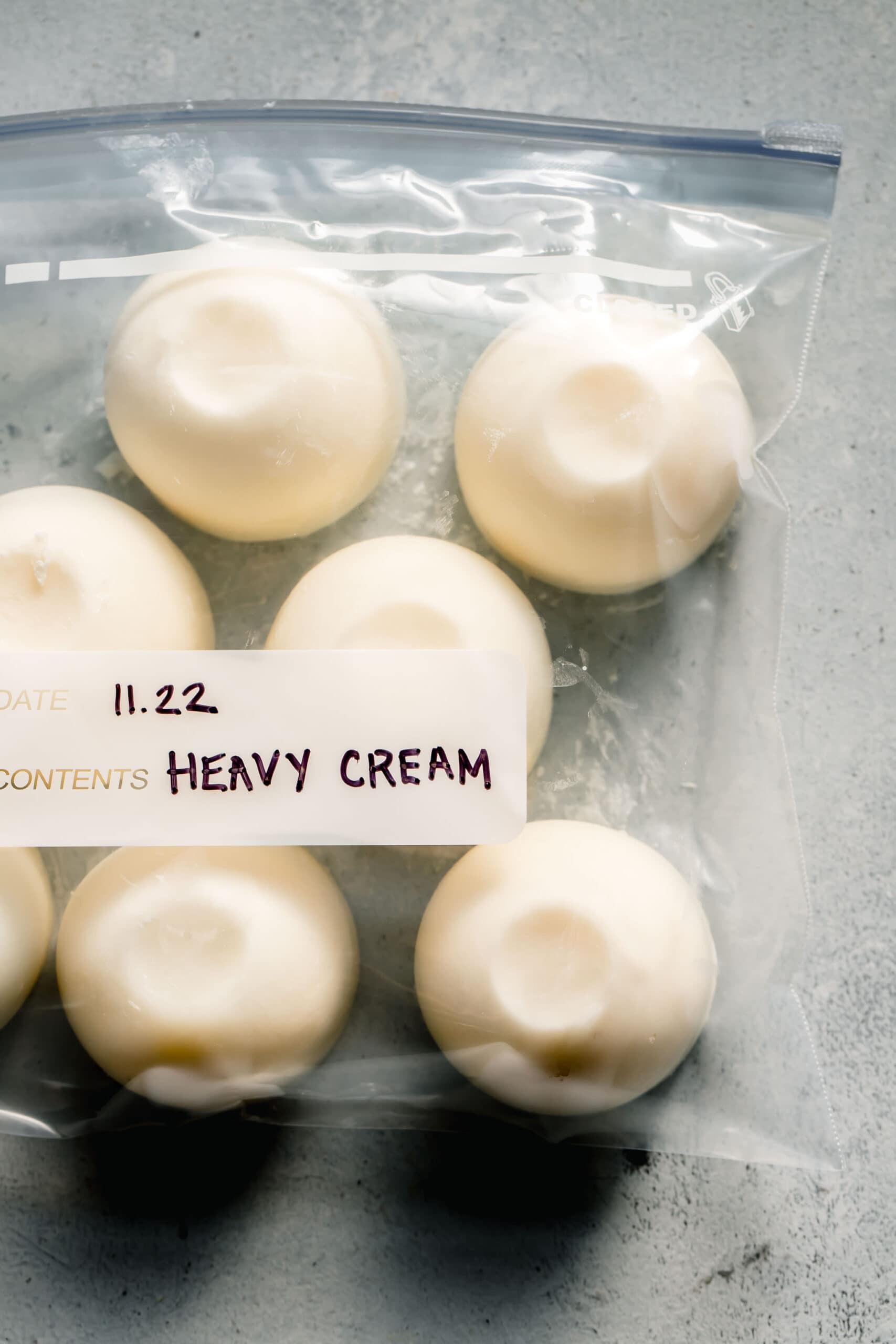 Frozen heavy cream in labeled ziploc bag. 