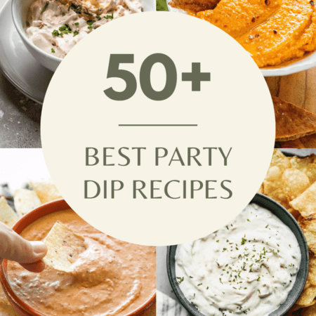 COLLAGE OF DIP RECIPES WITH TEXT OVERLAY.