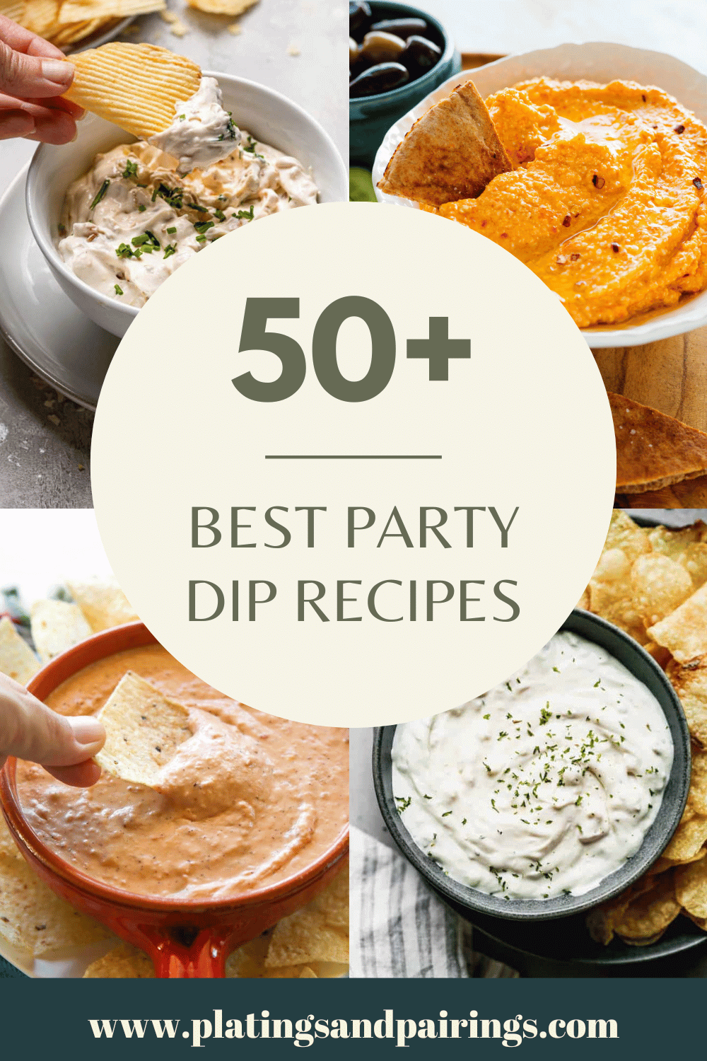 COLLAGE OF DIP RECIPES WITH TEXT OVERLAY.