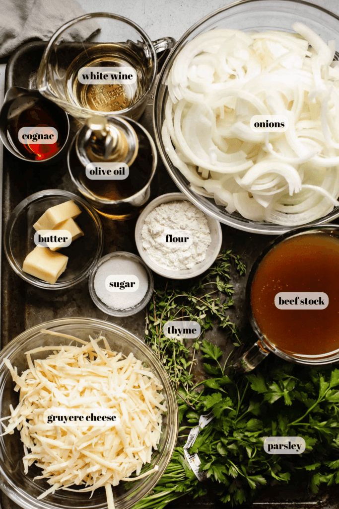 Ingredients for french onion chicken labeled on tray. 