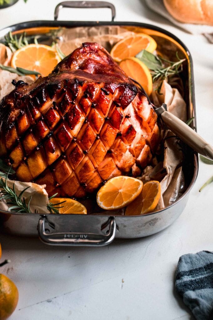 Glazed ham ready to be carved.