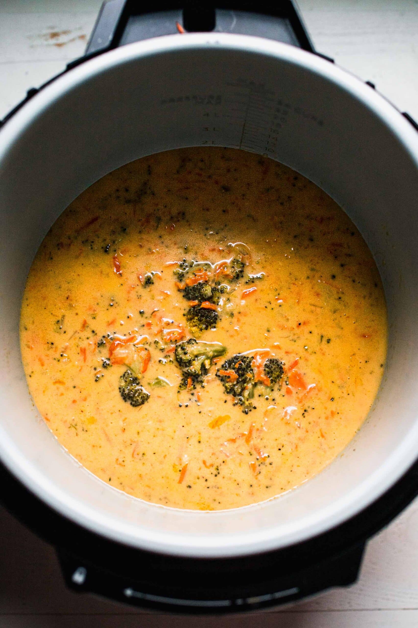 Broccoli cheese soup in instant pot after cooking. 