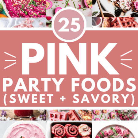 Collage of pink foods with text overlay.