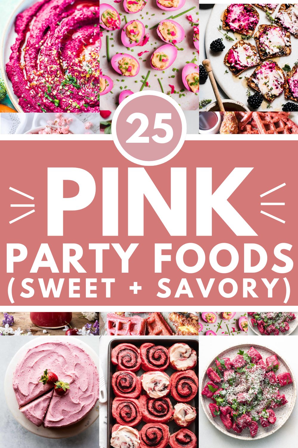 Collage of pink foods with text overlay.