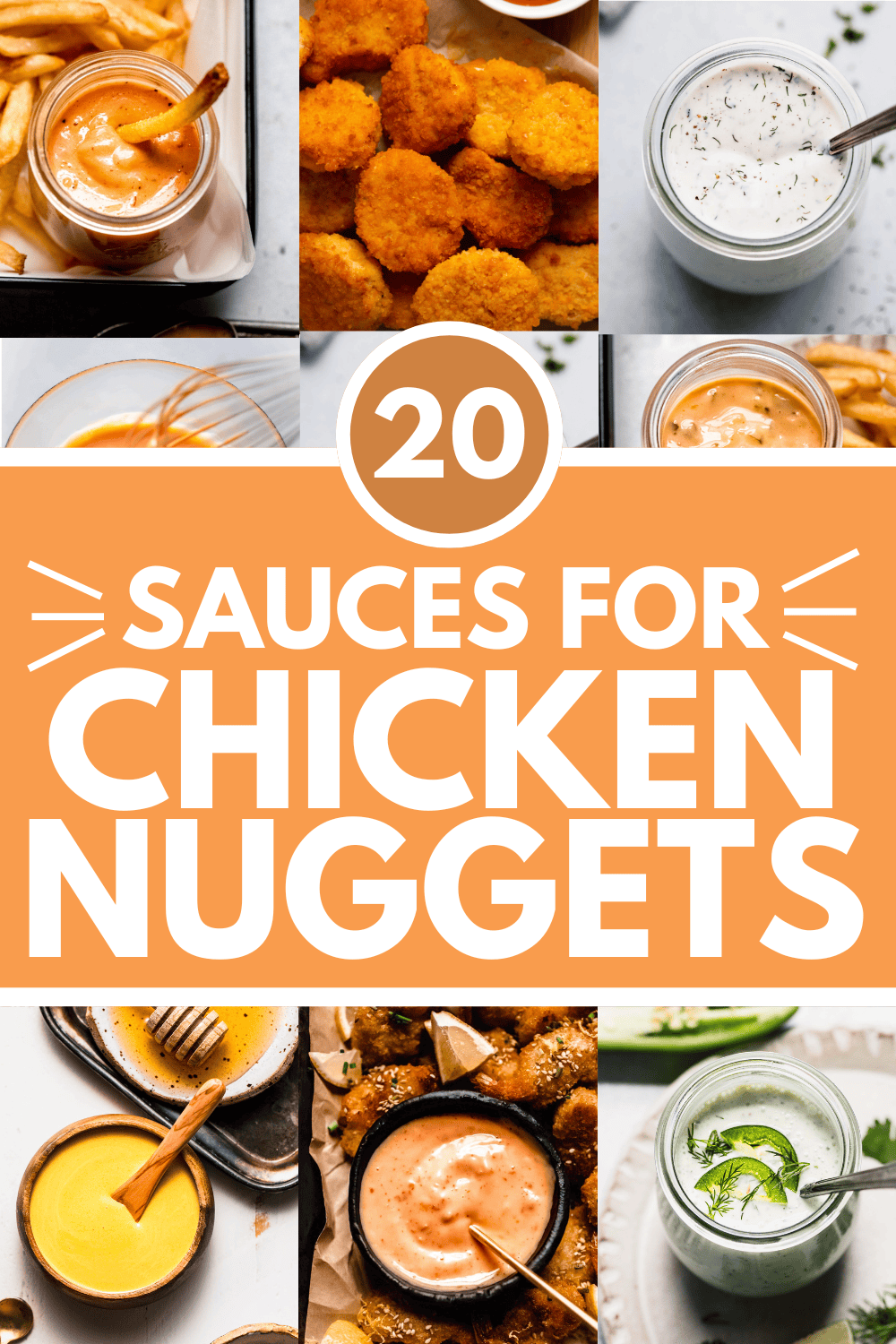 Collage of sauces for chicken nuggets with text overlay.