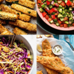 Collage of sides for fried fish.