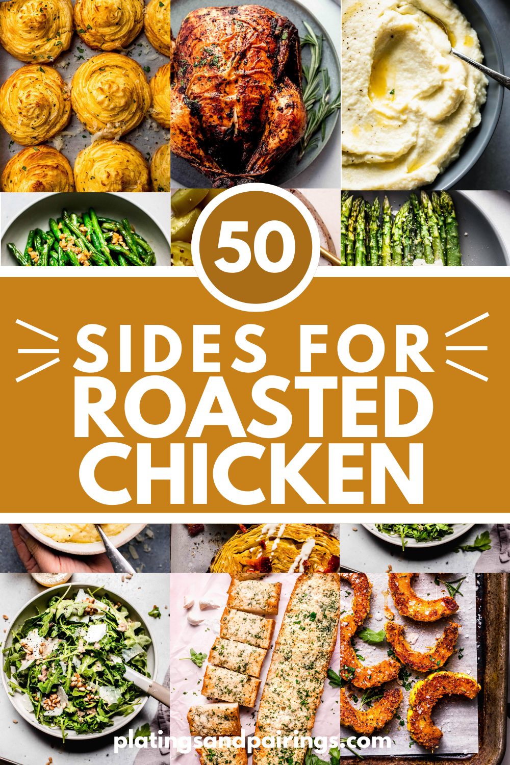 Collage of sides for roast chicken with text overlay.