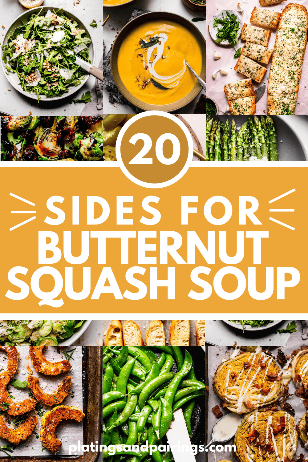 Collage of sides for butternut squash soup with text overlay.