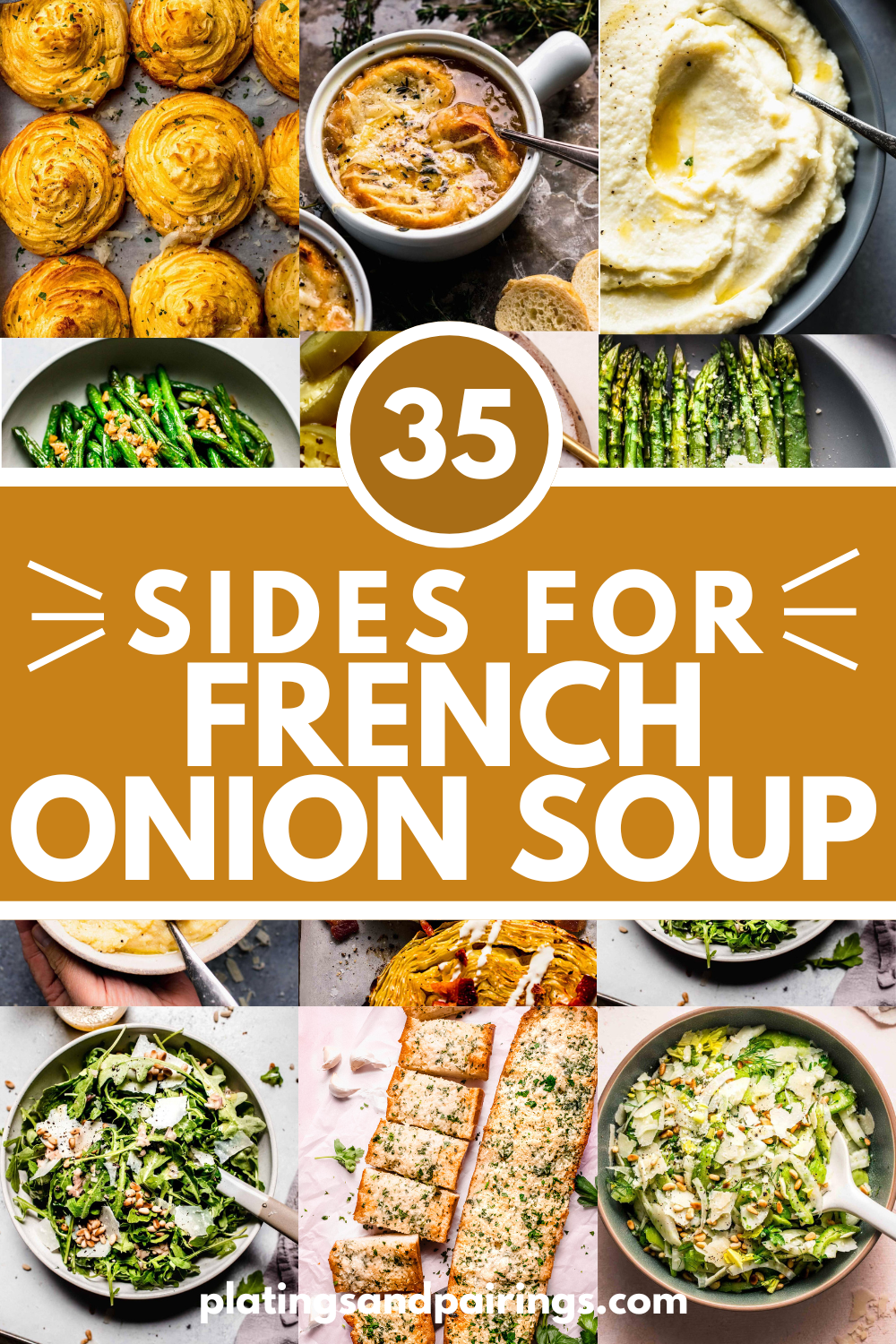 Collage of what to serve with french onion soup with text overlay.