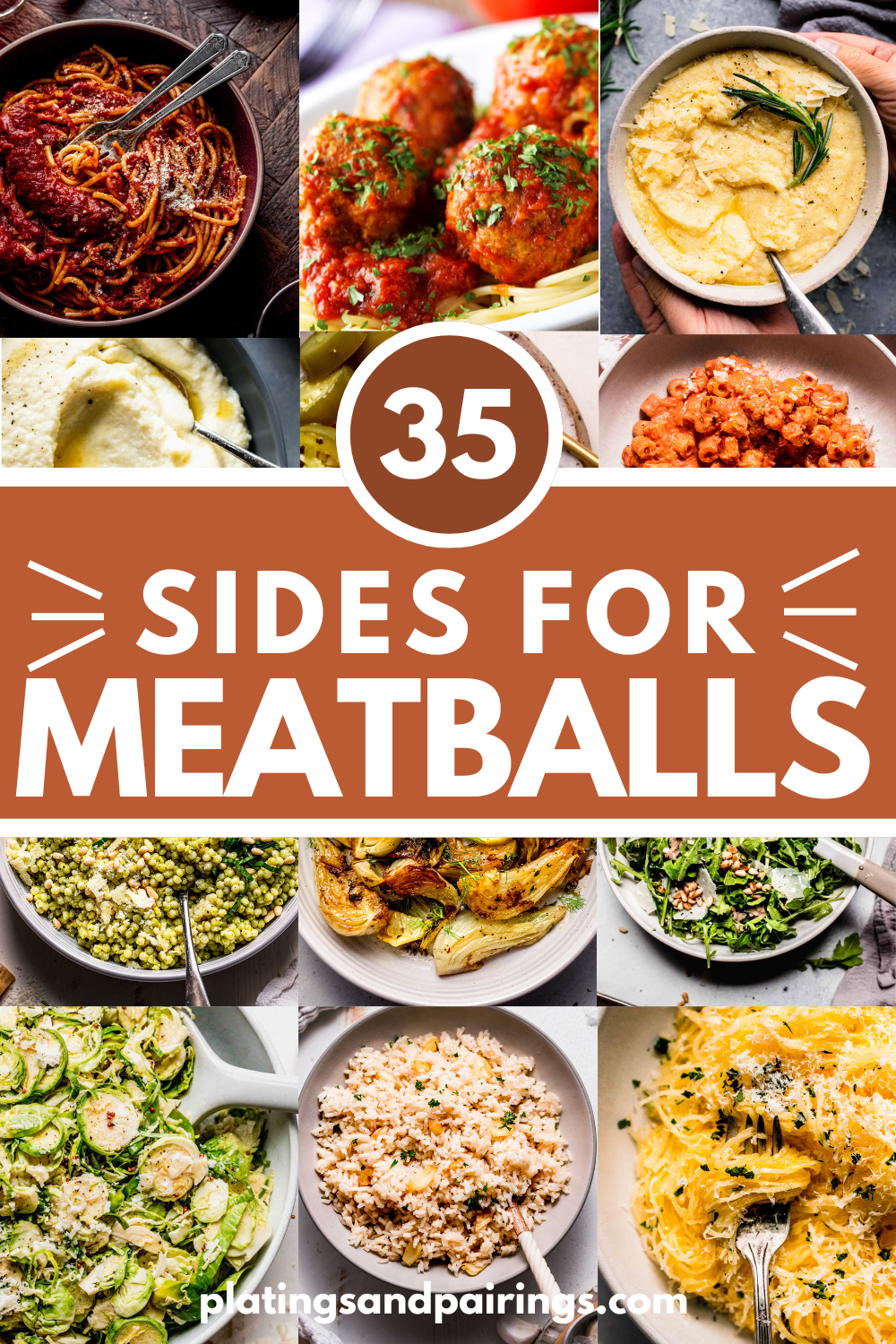 Collage of side dishes for meatballs with text overlay.