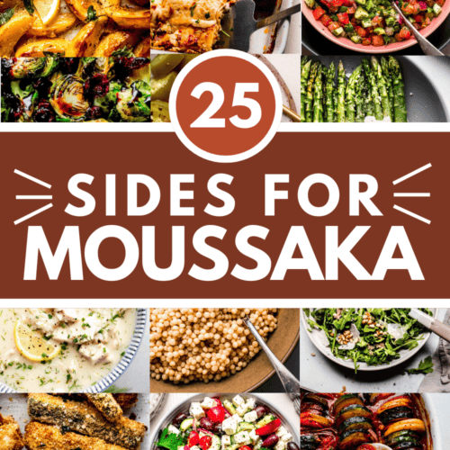 Collage of sides for moussaka with text overlay.