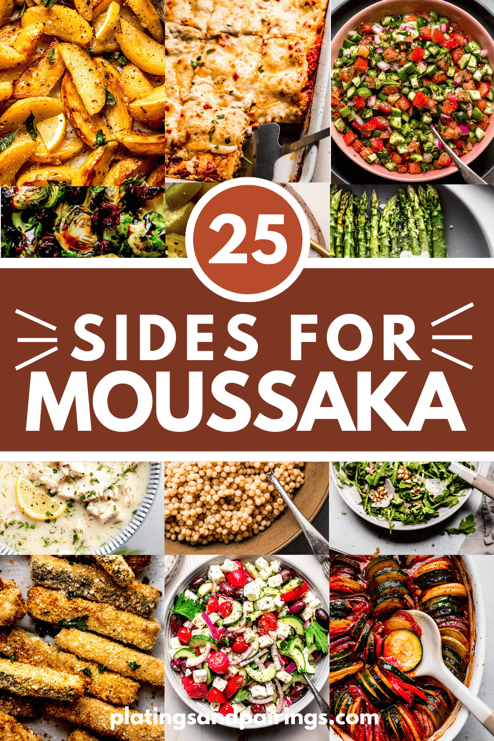 Collage of sides for moussaka with text overlay.