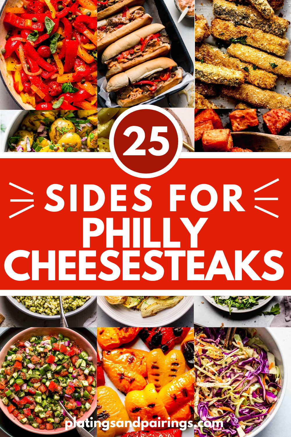 Collage of sides for philly cheesesteak with text overlay.
