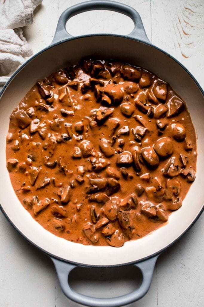 Finished mushroom sauce in skillet. 