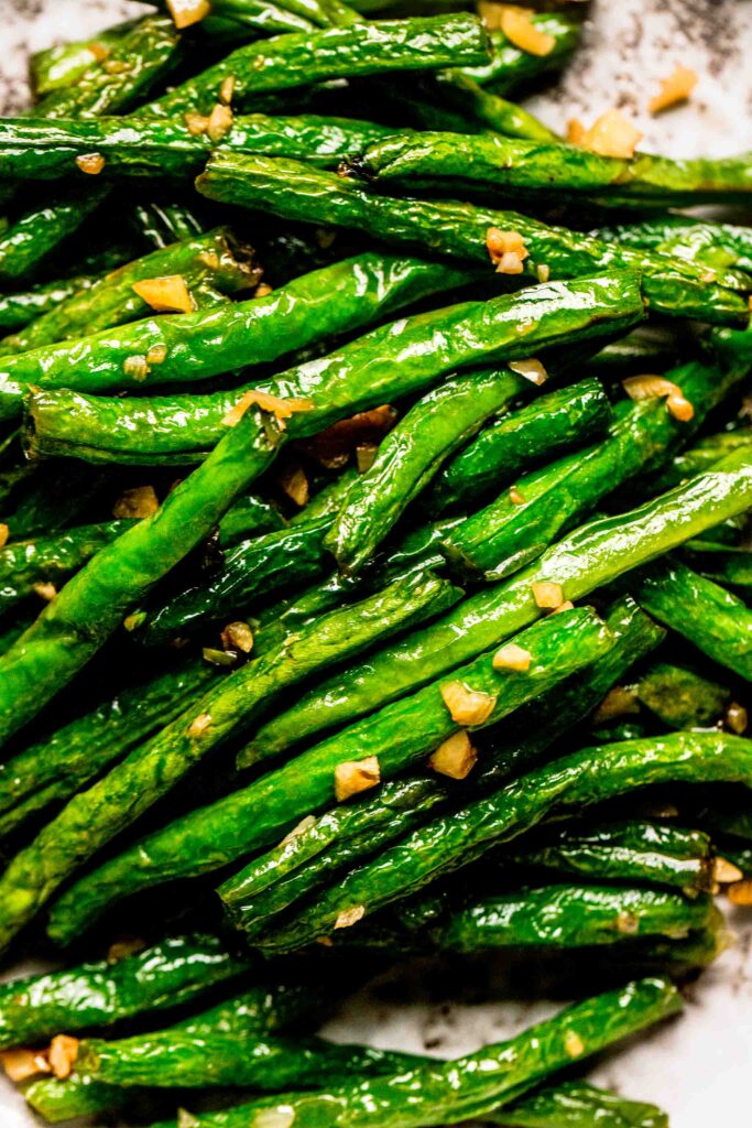 Extreme close up of garlic green beans. 