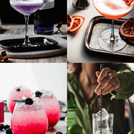 collage of gin drinks.