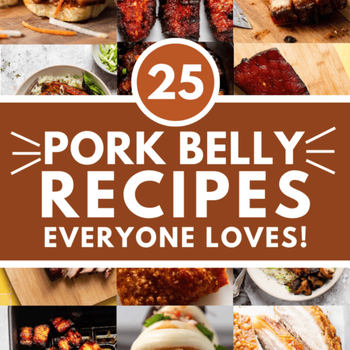 Collage of pork belly recipes with text overlay.