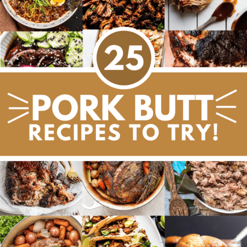 Collage of pork butt recipes with text overlay.